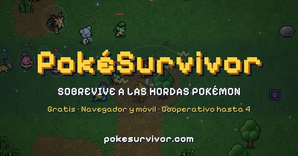 Official PokéSurvivor banner: survive the Pokémon hordes, free in browser and mobile, co-op up to 4